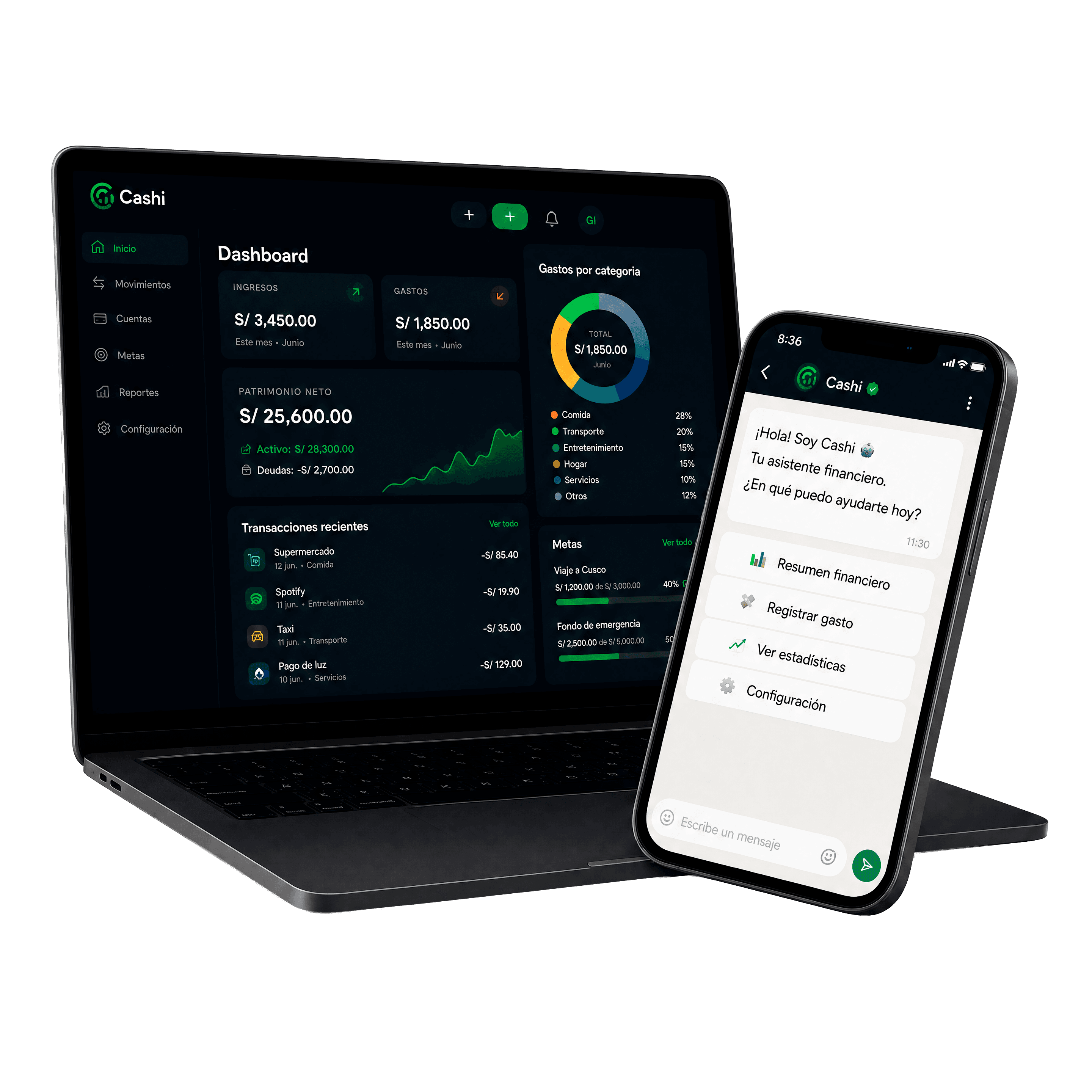 Dashboard de Cashi en laptop y asistente en WhatsApp
